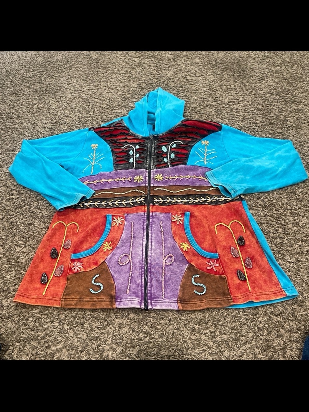 Rising international tie-dye multicolor, bohemian full zip hoodie XXL